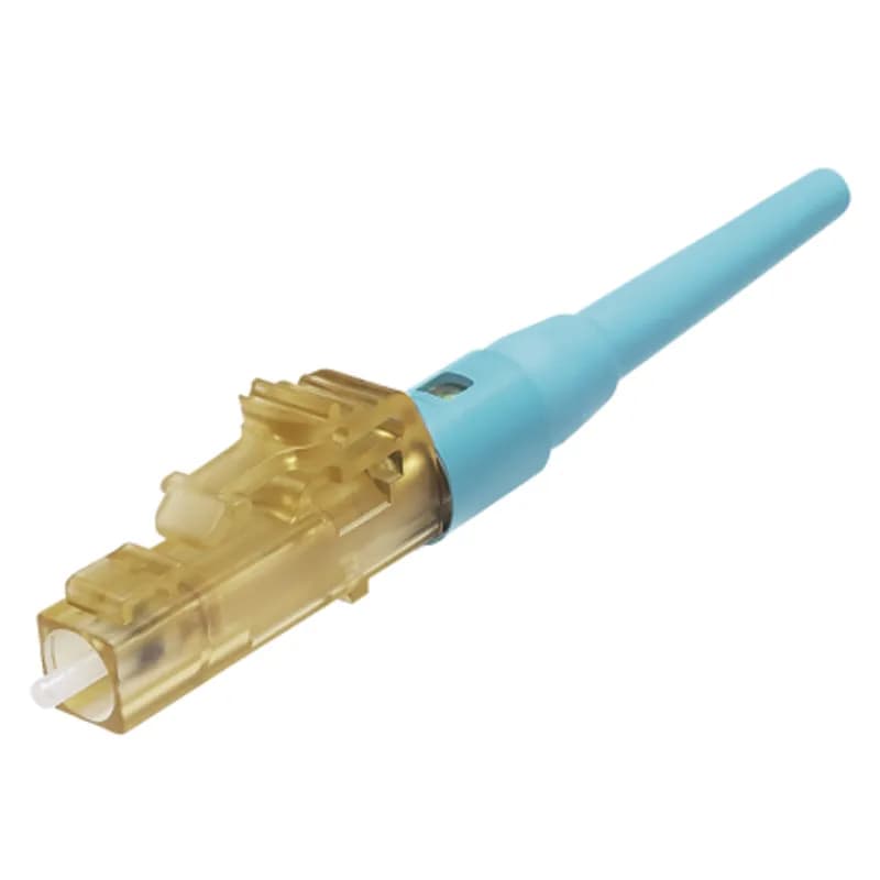 The OptiCam LC Fiber Optic Connector is a multimode 50/125?m OM3/OM4/OM5 simplex fiber connector, intended for 900-micron tight-buffered fiber installation. Field termination can be done in about two minutes using the OptiCam 2 Termination Tool. The pre-polished fiber endface eliminates time-consuming field polishing, reducing installation costs. The LC connector has a natural-colored body with an aqua-colored backbone and 900?m boot.