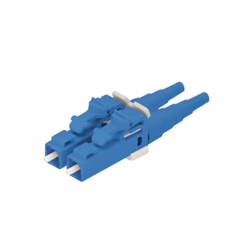 The duplex field polish LC Fiber Optic Connector is intended for installation onto singlemode 9/125?m, 900 m tight-buffered fiber. The LC connector has a blue body with a blue 900 m boot.