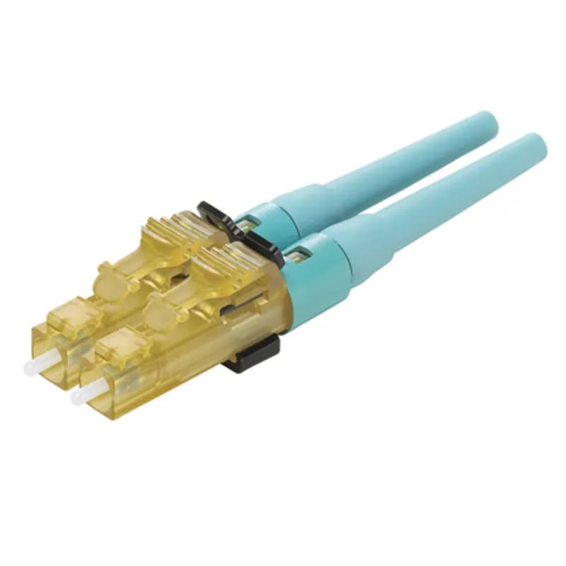 The OptiCam LC Fiber Optic Connector is a multimode 50/125?m OM3/OM4/OM5 duplex fiber connector, intended for 900-micron tight-buffered fiber installation. Field termination can be done in about two minutes using the OptiCam 2 Termination Tool. The pre-polished fiber endface eliminates time-consuming field polishing, reducing installation costs. The LC connector has a natural-colored body with an aqua-colored backbone and 900?m boot.