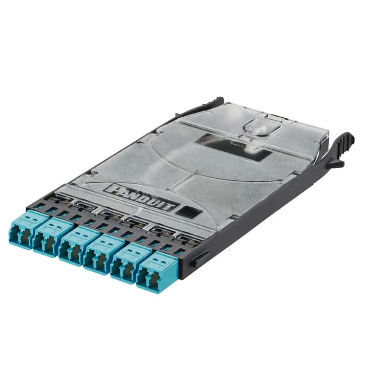 HD FLEX LC SPLICE CASSETTE PRELOADED WITH 12 OM3 LC PIGTAILS (250UM), STANDARD IL; 6-PORT DUPLEX LC ADAPTERS IN AQUA COLOR