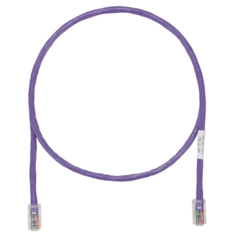 The TX5e Cat 5e UTP Patch Cord is a 1-Foot, Violet cord constructed of 24 AWG, unshielded, twisted pair, stranded, CM cable with Pan-Plug modular plugs. Its tangle-free latch prevents snags and ensures a fast release, streamlining moves, adds, and changes. Enabled with RapidID, the product has pre-installed barcodes for simple port mapping using RapidID software.