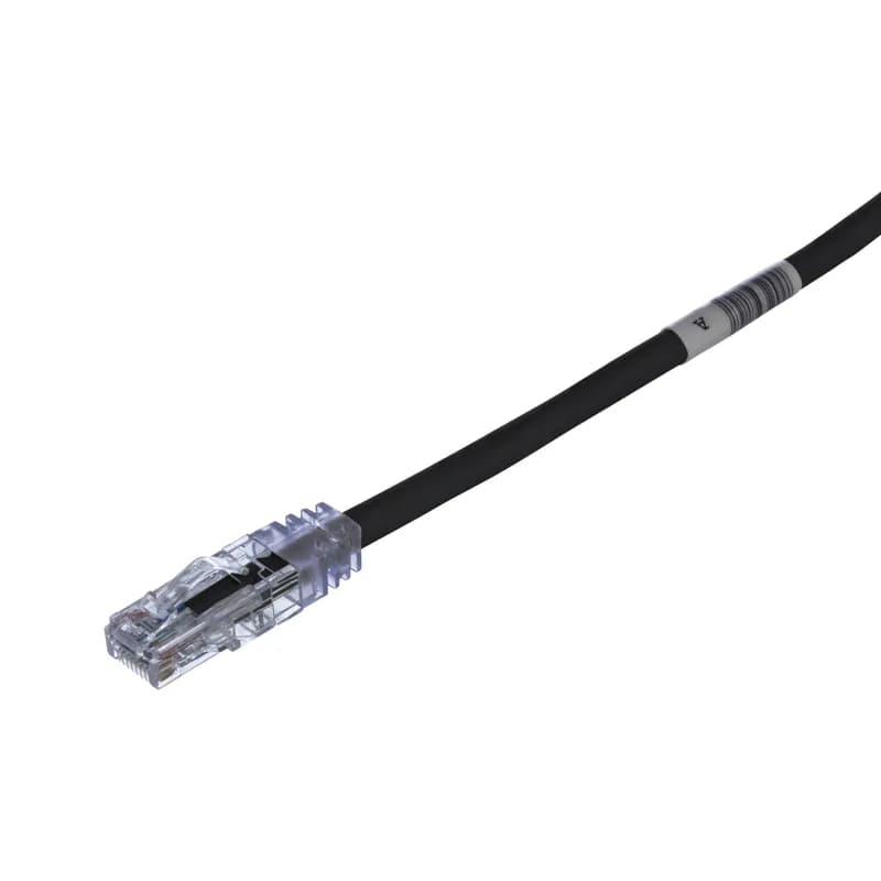 The TX6 PLUS Cat 6 UTP Patch Cord is a 1.5-Meter, Black cord constructed of 24 AWG, unshielded, twisted pair, stranded, CM cable with high-performance modular plugs. Its tangle-free latch prevents snags and ensures a fast release, streamlining moves, adds, and changes. The slender strain relief boot provides easy access in high-density applications. Enabled with RapidID, the product has pre-installed barcodes for simple port mapping using RapidID software.