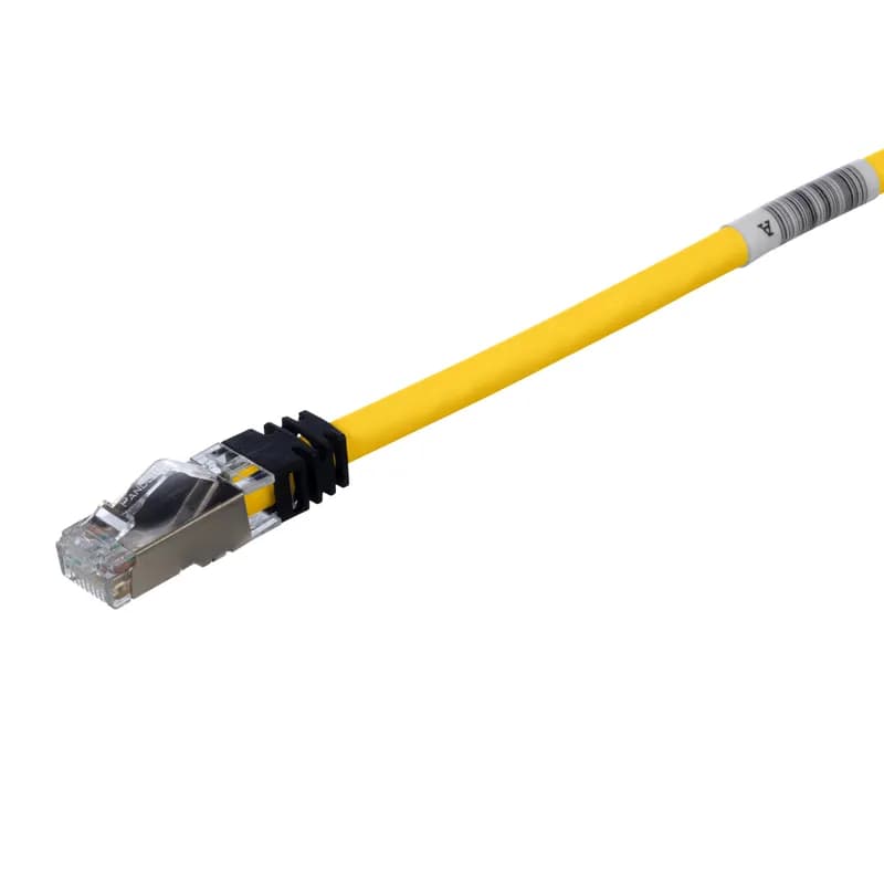 This TX6A 10Gig Cat 6A STP Patch Cord is a 1.5-Meter, Yellow cord constructed of 26 AWG, shielded, twisted pair, stranded, CM/LSZH cable and with high-performance modular plugs. Its tangle-free latch prevents snags and ensures a fast release, streamlining moves, adds, and changes. The slender strain relief boot provides easy access in high-density applications. Enabled with RapidID, the product has pre-installed barcodes for simple port mapping using RapidID software.