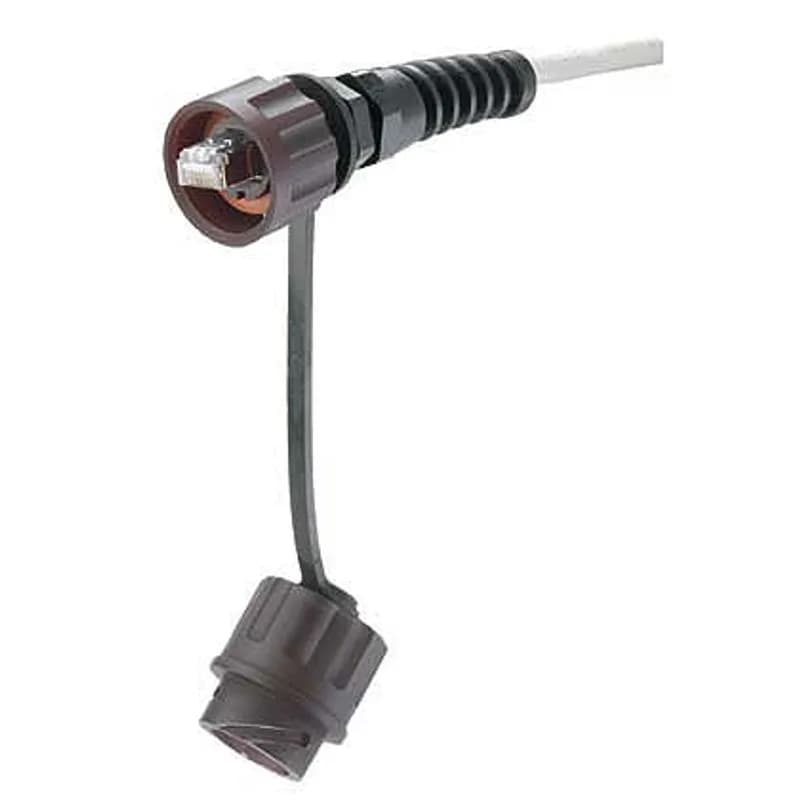 The IndustrialNet Cat 5e Modular Plug is 8-position, 8-wire. The plug terminates Cat 5e, industrial grade, 24 AWG, STP copper cable. The bulkhead provides an IP67 rated seal that provides protection from dust and temporary immersion in water. Secondary seals on both the connector and plug provide additional protection.