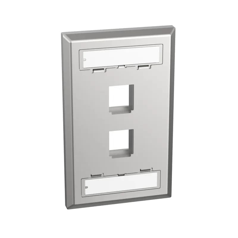 The NetKey Faceplate accepts two keystone modules. The faceplate is single gang, includes label and label cover, and is stainless steel.