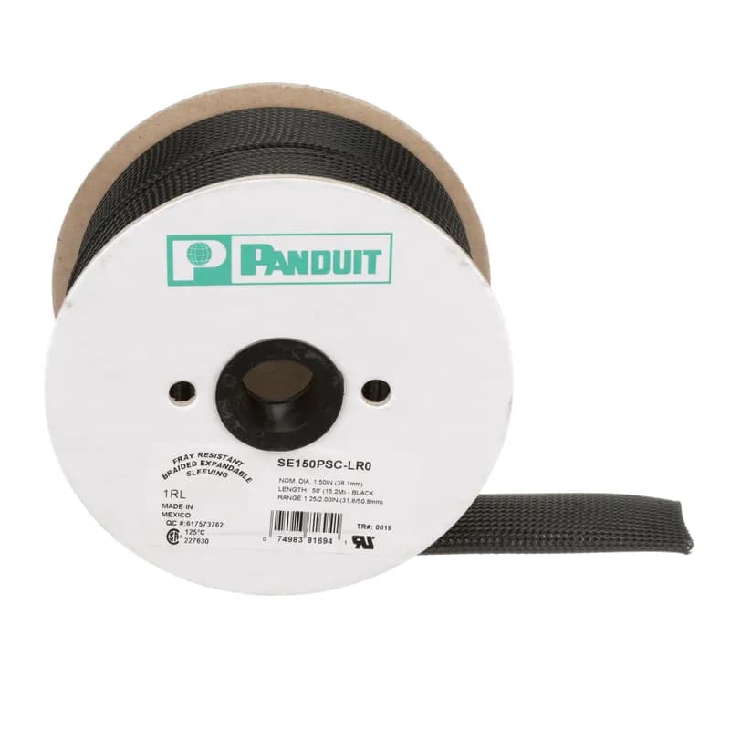 Fray resistant braided expandable sleeving, 1.5" (38.1 mm) diameter, can be cut with a pair of scissors and provides continuous abrasion resistance for wires, cables, and tubing. The lightweight, durable protection is flexible and the open weave will not trap heat or humidity. Polyethylene Terephthalate. 50 ft (15.2 m) reel. Color Black.
