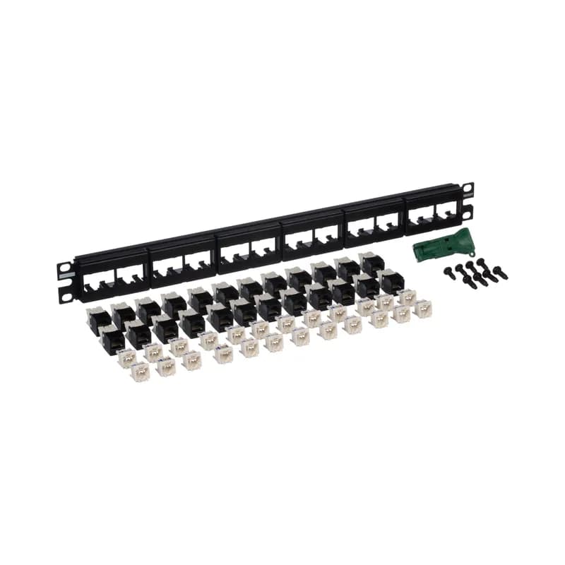 The Mini-Com Modular Patch Panel Kit includes 24 Mini-Com Cat 6 TG Jack Modules for unshielded applications, is 1 RU, and mounts to 19 inch and 23 inch racks and cabinets. The patch panel offers front access, can be identified with adhesive labels, and is black.