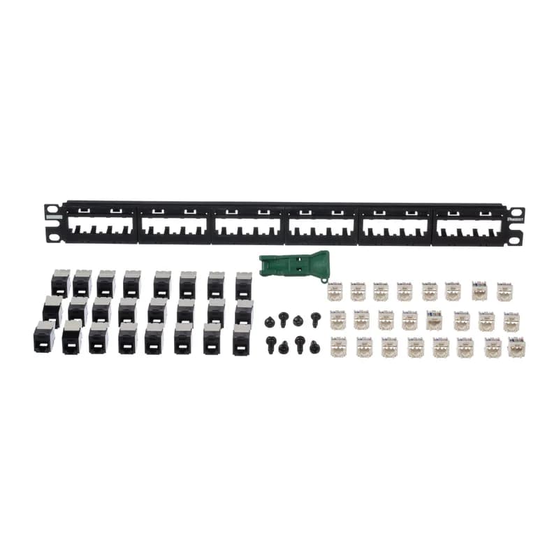 The Mini-Com Ultimate ID Modular Patch Panel Kit includes 24 Cat 6 TG Jack Modules for unshielded applications in 1 RU and mounts to 19 inch and 23 inch racks and cabinets. The panel offers front access and includes label pockets for easy identification (labels are not included). The patch panel is black.