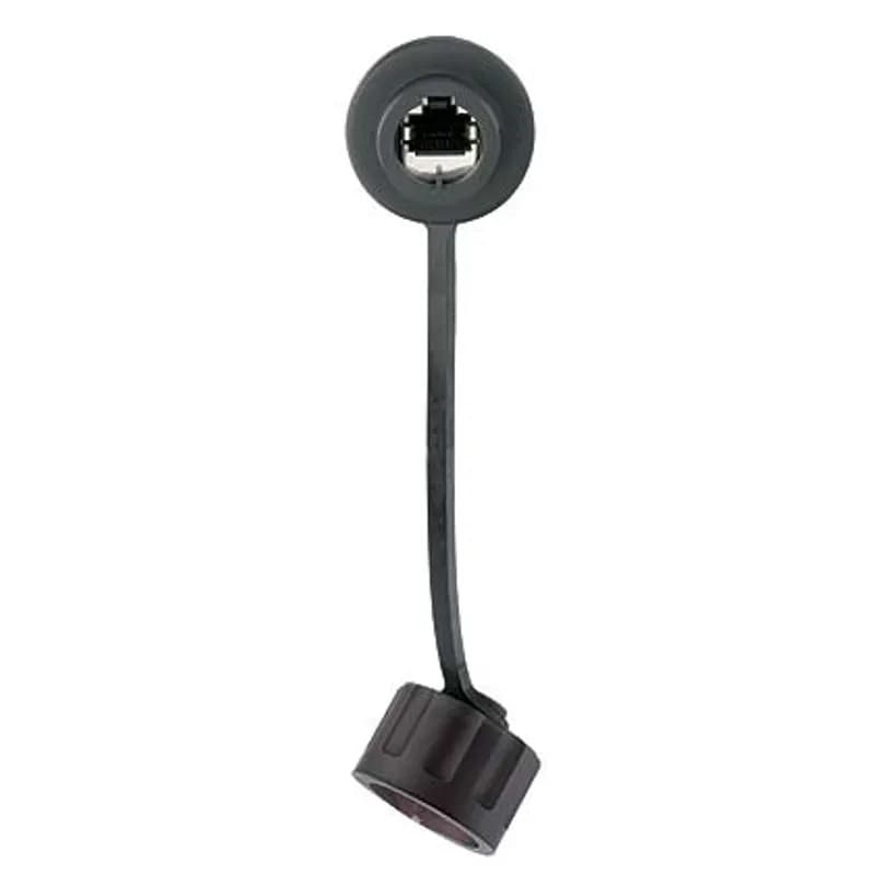 The IndustrialNet Cat 6 shielded bulkhead 8-position connector with protective cap is ideal in manufacturing environments. The shielded bulkhead connector features a RJ45 jack. The bulkhead provides an IP67 rated seal that provides protection from dust and temporary immersion in water. It terminates to a 4-pair, 24 AWG, 100 ohm twisted pair cable and does not require a punchdown tool.