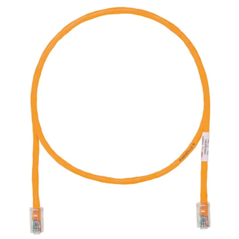 The TX5e Cat 5e UTP Patch Cord is a 15-Foot, Orange cord constructed of 24 AWG, unshielded, twisted pair, stranded, CM cable with Pan-Plug modular plugs. Its tangle-free latch prevents snags and ensures a fast release, streamlining moves, adds, and changes. Enabled with RapidID, the product has pre-installed barcodes for simple port mapping using RapidID software.