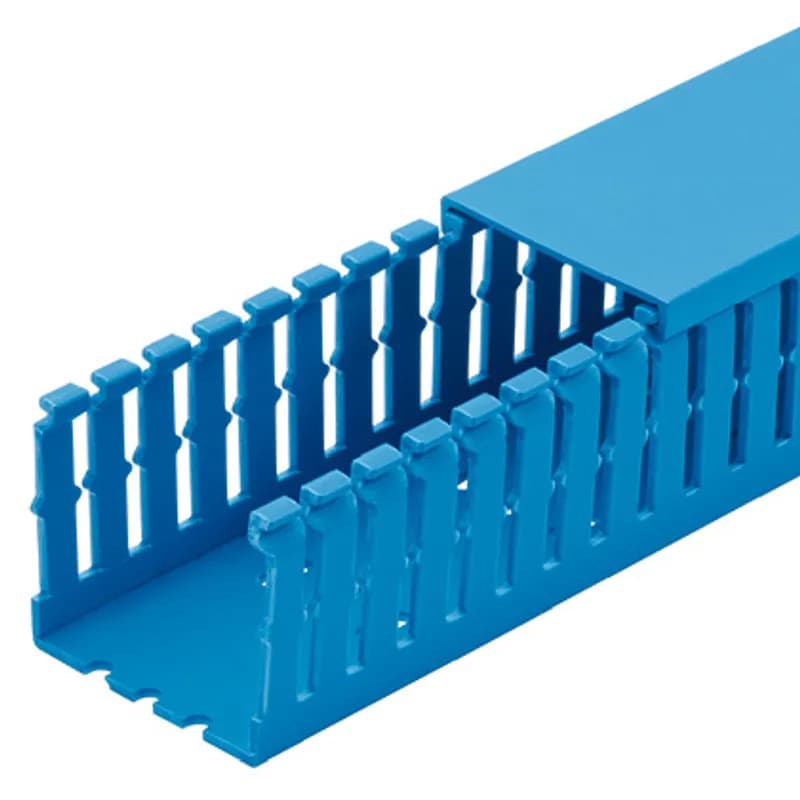 The F1.5X4IB6 Panduct Lead-Free PVC Narrow Slot Wiring Duct features a narrow slot/finger design that closely matches the spacing of high-density components. Upper and lower scorelines allow for easy finger/sidewall section removal. UL 94 flame class of V-0 with a UL recognized continuous-use temperature up to 122 F (50 C). Mounting holes provided. Lead-free PVC.1.5" x 4" (38.1 mm x 101.6 mm) and 6' (1.83 m) long. Cover sold separately. Color Intrinsic Blue.