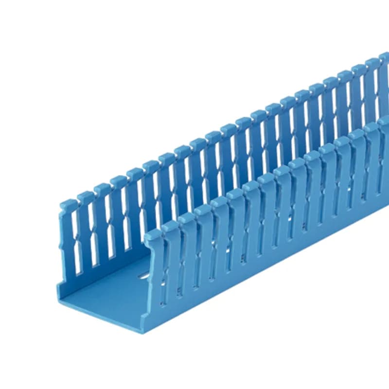 The F1X2IB6 Panduct Lead-Free PVC Narrow Slot Wiring Duct features a narrow slot/finger design that closely matches the spacing of high-density components. Upper and lower scorelines allow for easy finger/sidewall section removal. UL 94 flame class of V-0 with a UL recognized continuous-use temperature up to 122 F (50 C). Mounting holes provided. Lead-free PVC. 1" x 2" (25.4 mm x 50.8 mm) and 6' (1.83 m) long. Cover sold separately. Color Intrinsic Blue