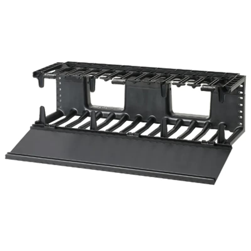 The NetManager High Capacity Horizontal Cable Manager cost-effectively organizes and protects copper and fiber network cabling in any standard EIA 19 inch (483mm) rack or cabinet. Large front finger openings easily accommodate Cat 6 and 6A cables, reducing installation time and maintenance costs. The single-sided manager is 3 RU and has a hinged front cover only. The manager is black.