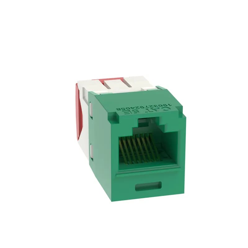 The Mini-Com Cat 5e UTP RJ45 TG-Style Jack Module is designed to terminate 4-pair, 22-26 AWG twisted pair cable. Each module is 100% factory tested for continuity. Contacts are plated with 50 microinches of gold for superior performance. Jack modules are compatible with Mini-Com Modular Patch Panels and Faceplates. The jack module is Green.
