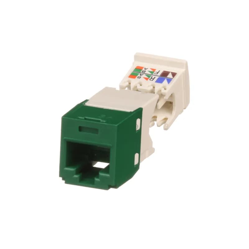 The Mini-Com Cat 6 UTP RJ45 TG Jack Module is designed to terminate 4-pair, 22-26 AWG twisted pair cable. Each module is 100% factory tested to exceed industry standard performance requirements. TG style termination eliminates the need for a termination tool. Each jack is individually serialized for traceability and is compatible with Mini-Com Modular Patch Panels and Faceplates. The jack module is green and includes 24 per package.