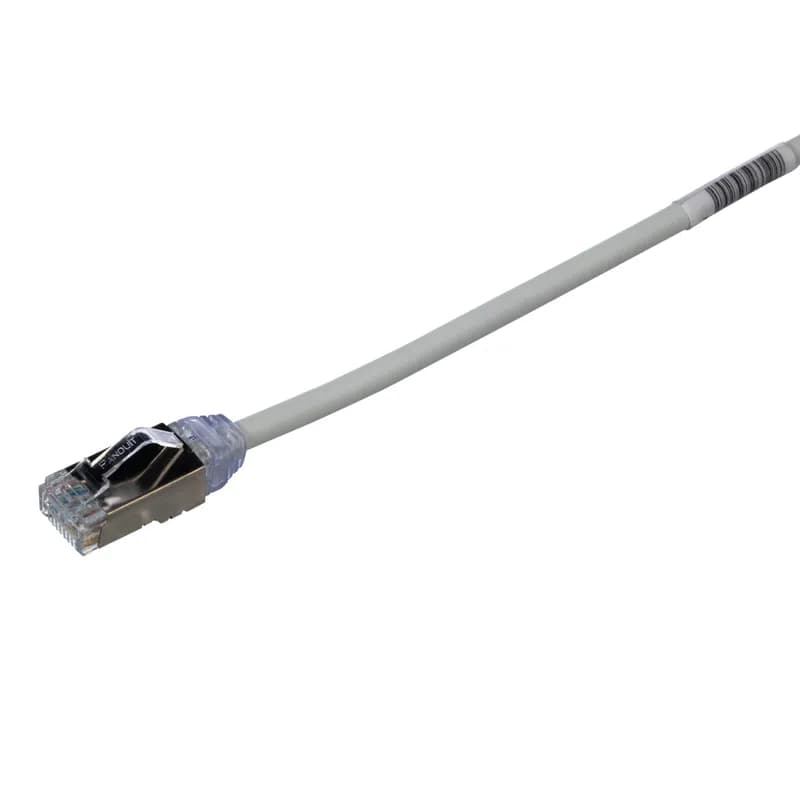The TX6A-28 10Gig Cat 6A STP Patch Cord is a 1.5-Meter, 0.185-inch (4.7mm) diameter, Int'l Grey cord constructed of 28 AWG, shielded, twisted pair, solid, CM/LSZH cable with high-performance modular plugs. Its compact 28 AWG design simplifies installation and management. The tangle-free latch prevents snags and ensures a fast release, streamlining moves, adds, and changes. Enabled with RapidID, the product has pre-installed barcodes for simple port mapping using RapidID software.