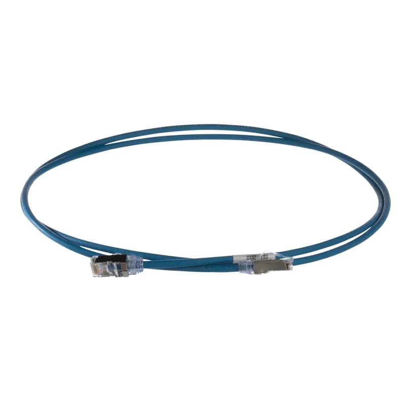 The TX6A-28 10Gig Cat 6A STP Patch Cord is a 5-Meter, 0.185-inch (4.7mm) diameter, Blue cord constructed of 28 AWG, shielded, twisted pair, solid, CM/LSZH cable with high-performance modular plugs. Its compact 28 AWG design simplifies installation and management. The tangle-free latch prevents snags and ensures a fast release, streamlining moves, adds, and changes. Enabled with RapidID, the product has pre-installed barcodes for simple port mapping using RapidID software.