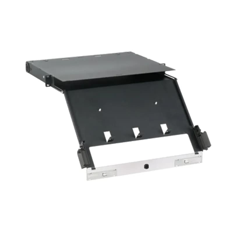 The Panduit Opticom Rack Mount Fiber Enclosure ensures network reliability by housing, organizing, managing and protecting fiber optic cable, terminations, splices, connectors and patch cords. The FCE1U is black, made of steel and features 4 FAP/cassette slots in a 1 RU footprint for maximum patch field density. Fibers are easily accessible through a slide-out, tilt-down drawer, while rear cable management maintains proper slacking and spooling. 1.73"H x 17.60"W x 17.9"D (43.9mm x 447.0mm x 454mm)