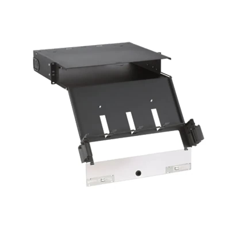 The Panduit Opticom Rack Mount Fiber Enclosure ensures network reliability by housing, organizing, managing and protecting fiber optic cable, terminations, splices, connectors and patch cords. The FCE2U is black, made of steel and features 8 FAP/cassette slots in a 2 RU footprint for maximum patch field density. Fibers are easily accessible through a slide-out, tilt-down drawer, while rear cable management maintains proper slacking and spooling. 3.48"H x 17.60"W x 17.9"D (88.4mm x 447.0mm x 454mm)
