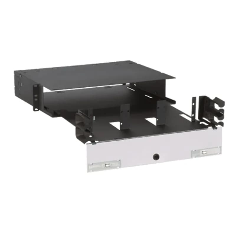The Panduit Opticom Rack Mount Fiber Enclosure ensures network reliability by housing, organizing, managing and protecting fiber optic cable terminations, splices, connectors and patch cords. The FRME2U is black, made of steel and features 6 FAP/cassette slots. It can accommodate 6 FAP or FMP adapter panels or FOSM splice modules in a 2 RU footprint. Fibers are easily accessible through front and rear pullout drawers. 3.48"H x 17.00"W x 14.20"D (88.0mm x 432.0mm x 361.0mm)