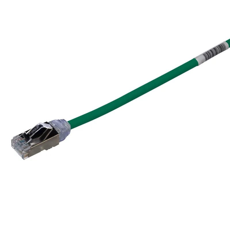 The TX6A-28 10Gig Cat 6A STP Patch Cord is a 10-Meter, 0.185-inch (4.7mm) diameter, Green cord constructed of 28 AWG, shielded, twisted pair, solid, CM/LSZH cable with high-performance modular plugs. Its compact 28 AWG design simplifies installation and management. The tangle-free latch prevents snags and ensures a fast release, streamlining moves, adds, and changes. Enabled with RapidID, the product has pre-installed barcodes for simple port mapping using RapidID software.