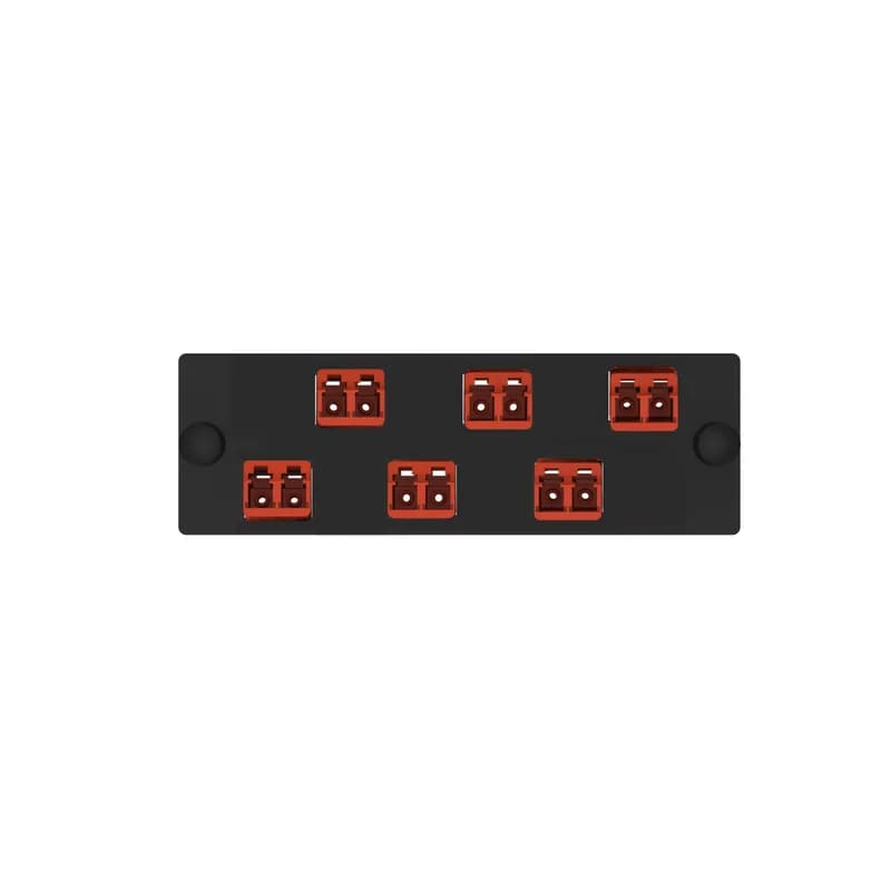 The Opticom LC fiber adapter panel is OM4 and is loaded with 6 LC duplex fiber optic adapters. The fiber optic adapters are Keyed B-Red and has zirconia split sleeves.