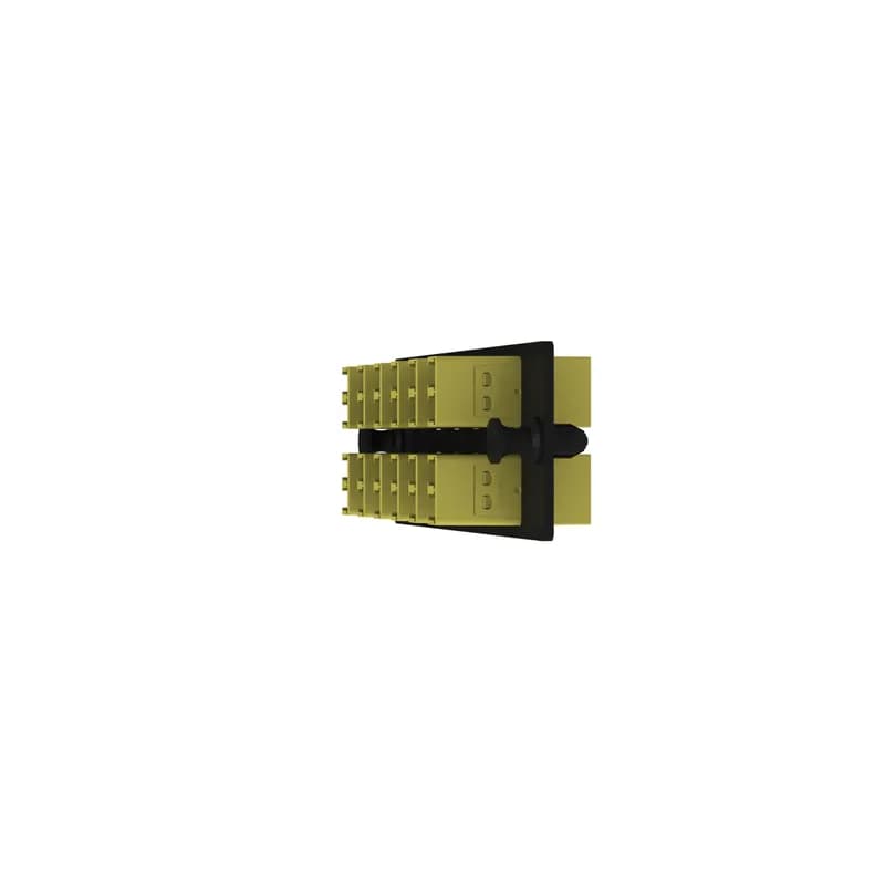The Opticom LC fiber adapter panel is OM4 and is loaded with 12 LC duplex fiber optic adapters. The fiber optic adapters are Keyed D-Yellow and has zirconia split sleeves.
