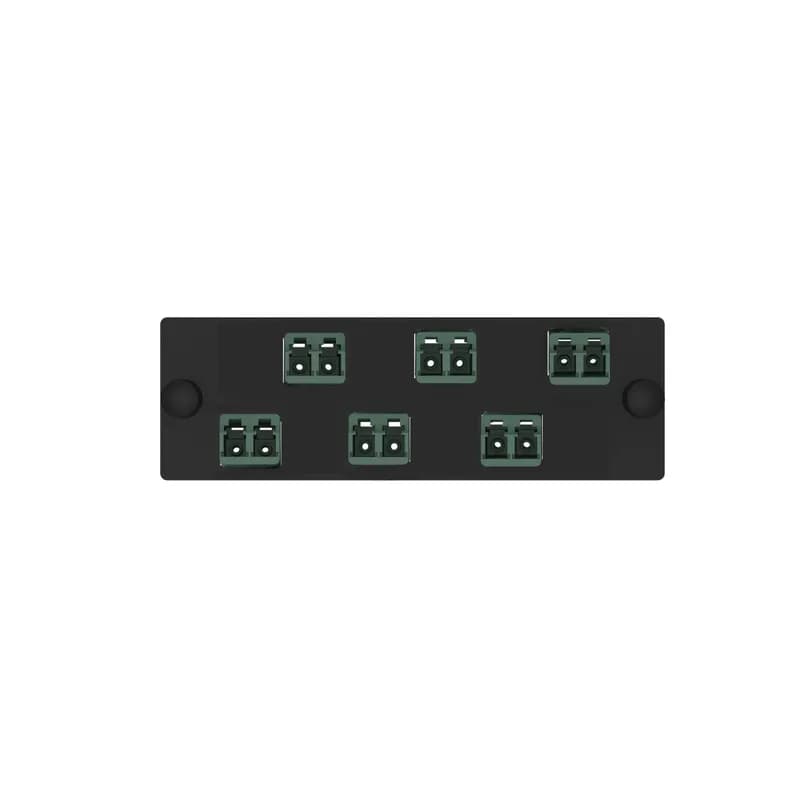 The Opticom LC fiber adapter panel is OM4 and is loaded with 6 LC duplex fiber optic adapters. The fiber optic adapters are Keyed C-Green and has zirconia split sleeves.