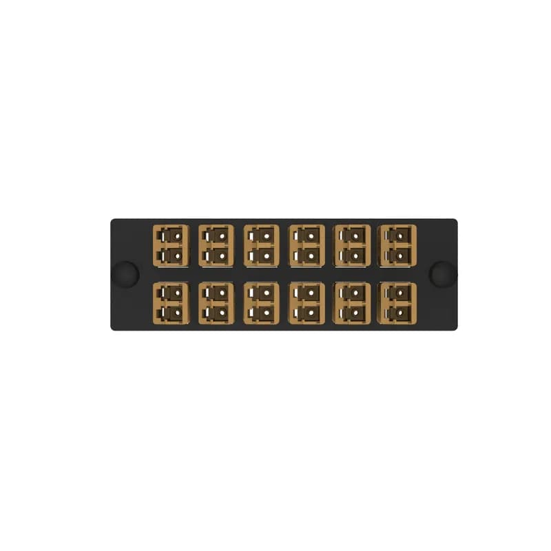 The Opticom LC fiber adapter panel is OM4 and is loaded with 12 LC duplex fiber optic adapters. The fiber optic adapters are Keyed E-Orange and has zirconia split sleeves.