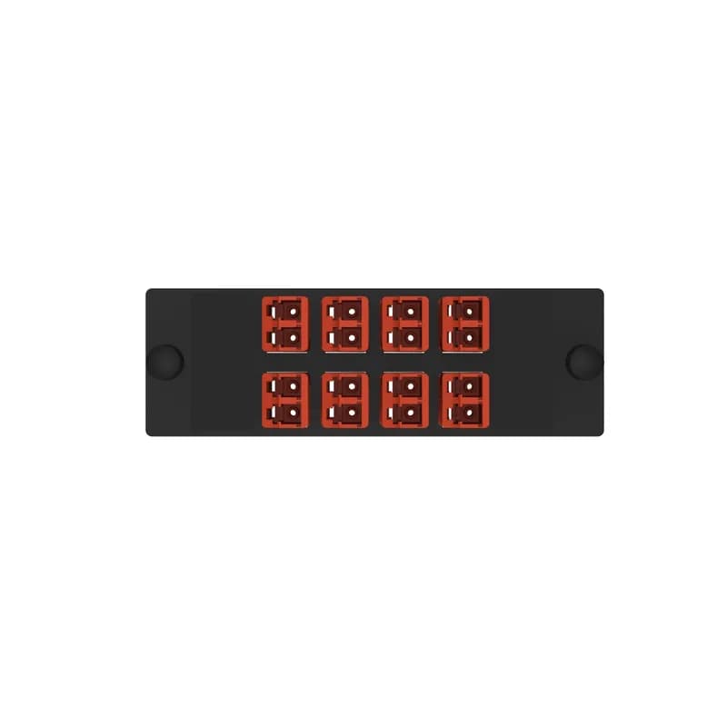 The Opticom LC fiber adapter panel is OM4 and is loaded with 8 LC duplex fiber optic adapters. The fiber optic adapters are Keyed B-Red and has zirconia split sleeves.