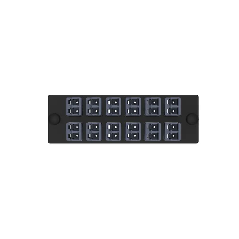 The Opticom LC fiber adapter panel is OM4 and is loaded with 12 LC duplex fiber optic adapters. The fiber optic adapters are Keyed F-Dark Blue and has zirconia split sleeves.