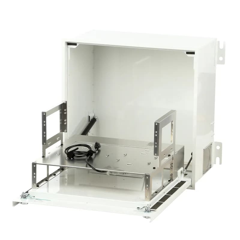 Panduit PZICEA - The PanZone Active In-Ceiling Enclosure accommodates active equipment to enable a Fiber to the Zone network infrastructure topology. The thermal management design within the enclosure delivers greater heat dissipation to support high heat applications. The enclosure also has a verified working load rating of 50 pounds to support more network equipment and more cable entry/exit points for a greater number of cables. Holds up to 2 RU of active equipment and 6 RU of patching, or 8 RU of patching