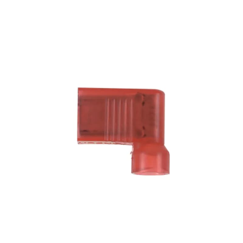 The vibration resistant, right angle style female disconnect is made of brass and is tin-plated. It is fully insulated in red nylon. It has a tab size of 0.205/0.187 x 0.032 (5.2/4.8 x 0.8 mm) and supports a wire range of 22-18 AWG (0.5-1.0 mm ). It is 0.58" (14.7 mm) long, 0.37" (9.4 mm) wide, and has a depth of 0.60" (15.2 mm). The disconnect has a funnel entry configuration and a butted seam barrel. It comes in bottles of 50.