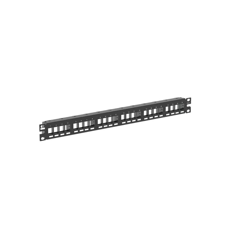 The NetKey Flush Mount Modular Patch Panel accepts up to 24 keystone modules for unshielded applications in 1 RU and mounts to 19 inch and 23 inch racks and cabinets. The panel mounts flush with the rack, can be identified with adhesive labels, and is black.