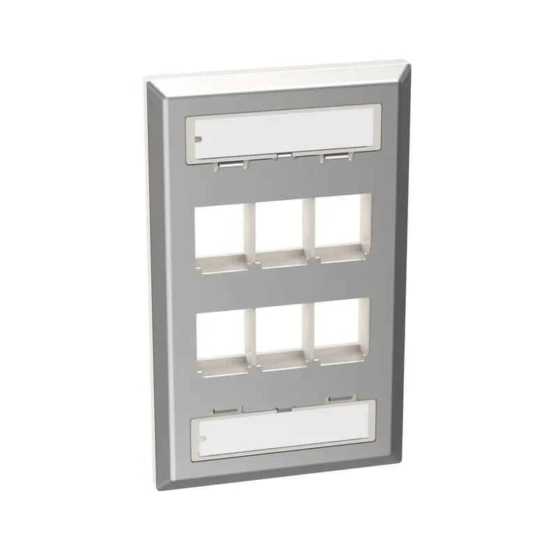 The NetKey Faceplate accepts six keystone modules. The faceplate is single gang, includes label and label cover, and is stainless steel.