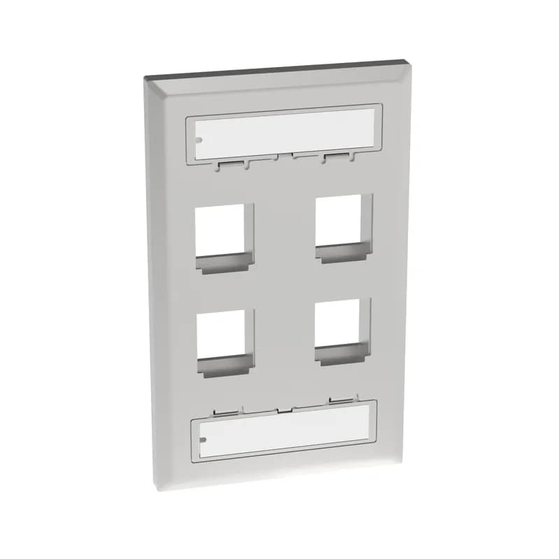 The NetKey Faceplate accepts four keystone modules. The faceplate is single gang, includes label and label cover, and is stainless steel.