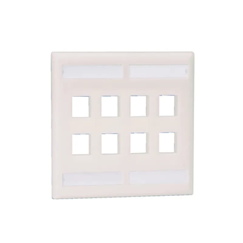 The NetKey Faceplate accepts eight keystone modules. The faceplate is double gang, includes label and label cover, and is electric ivory.