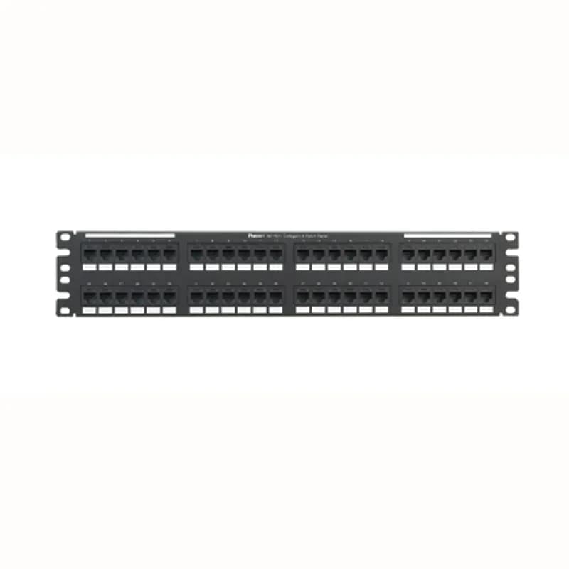 The NetKey Flat Punchdown Keystone Patch Panel terminates 4-pair, 22 26 AWG, 100 ohm twisted pair cable. These Cat 6 patch panels mount to 19" and 23" racks and incudes 48 ports. The RJ45 interface provides a quick plug and play connection to RJ45 patch cords. This punchdown patch panel is 2 RU, made of steel and is black.