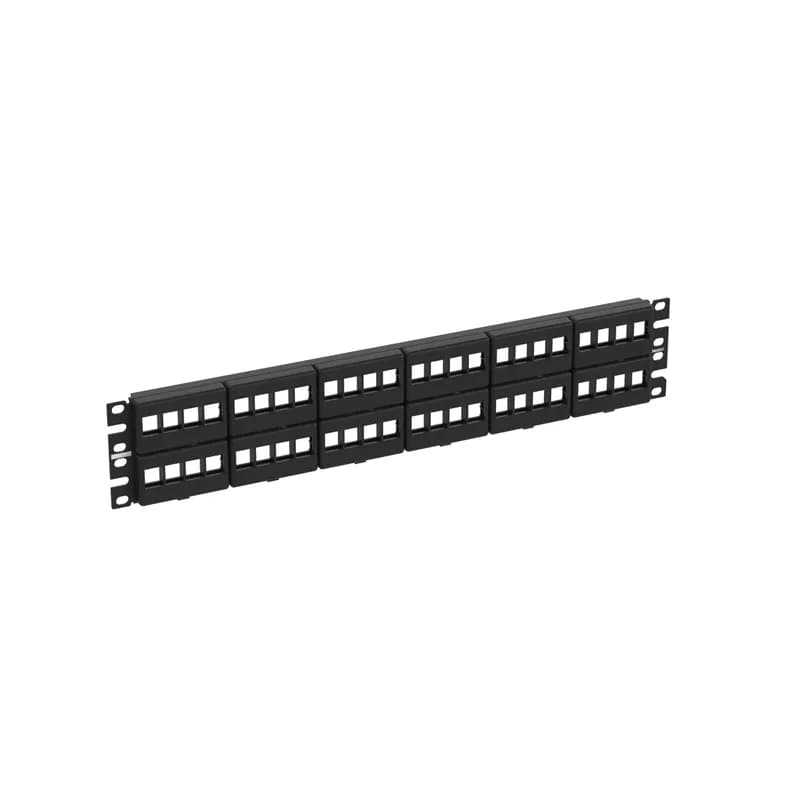 The NetKey Faceplate Modular Patch Panel accepts up to 48 keystone modules for unshielded applications in 2 RU and mounts to 19 inch and 23 inch racks and cabinets. The panel offers front access, can be identified with adhesive labels, and is black.
