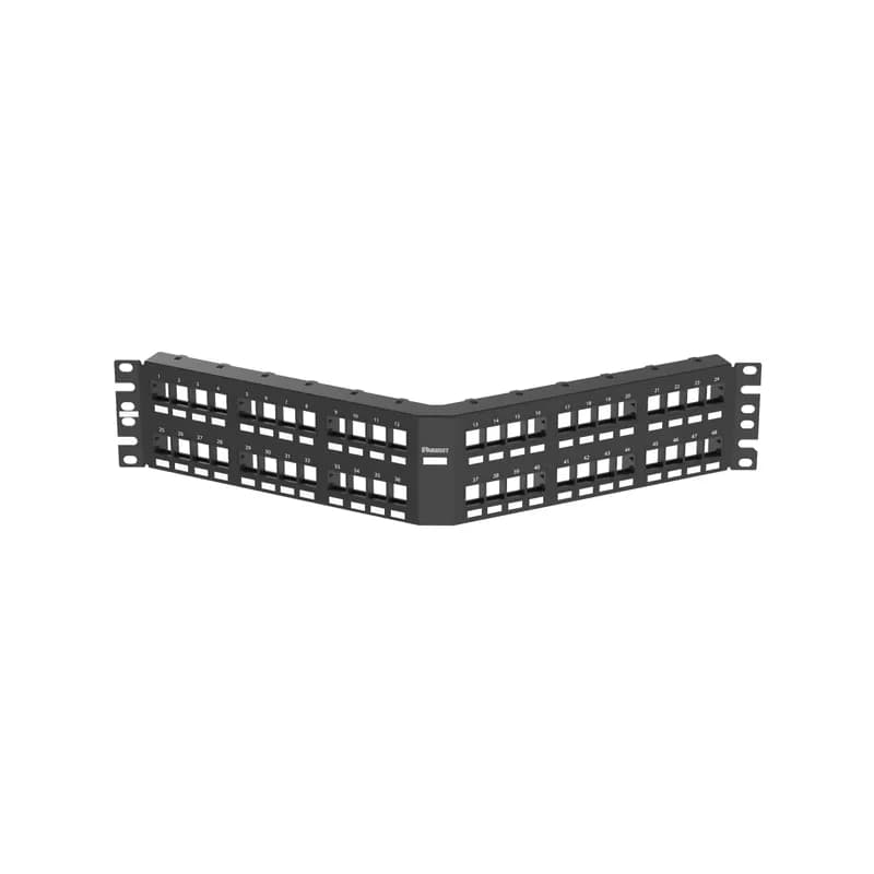 The NetKey Flush Mount Angled Modular Patch Panel accepts up to 48 keystone modules for unshielded applications in 2 RU and mounts to 19 inch and 23 inch racks and cabinets. The panel mounts flush with the rack, can be identified with adhesive labels, and is black.