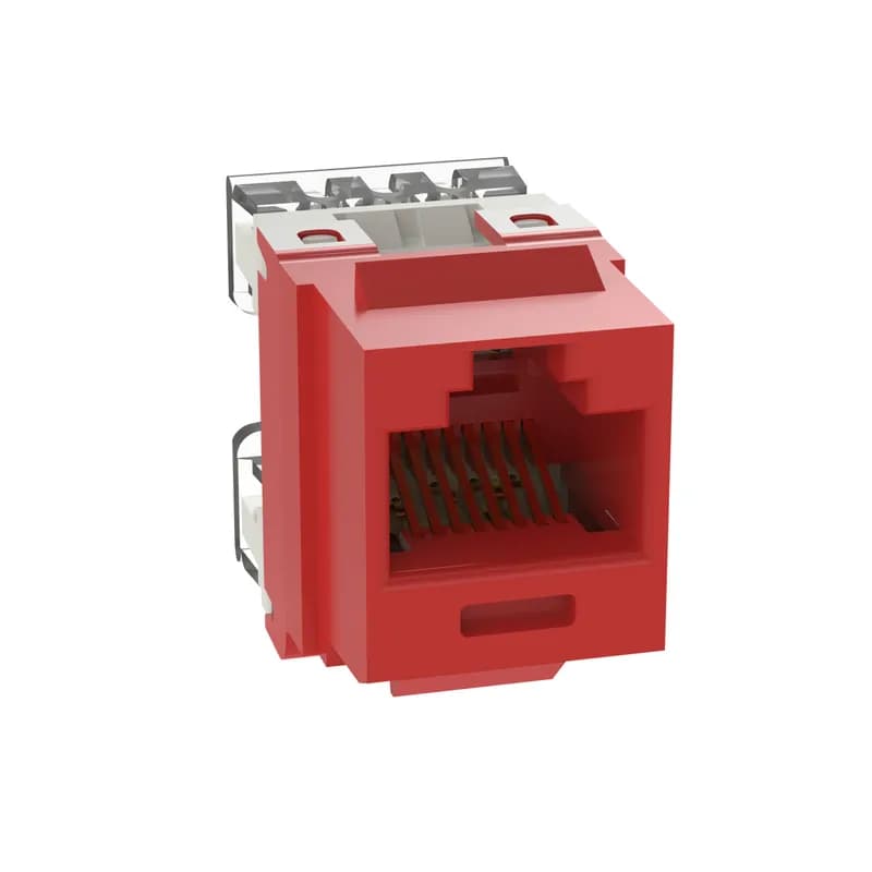 The NetKey Cat 5e UTP RJ45 Punchdown Keystone Jack Module is designed to terminate 4-pair, 22-26 AWG twisted pair cable. Each module is 100% factory tested to exceed industry standard performance requirements. Contacts are plated with 50 microinches of gold for superior performance. Jacks are individually serialized, and are compatible with keystone interfaces such as NetKey Faceplates, Modular Patch Panels, and Surface Mount Boxes. The module is red.