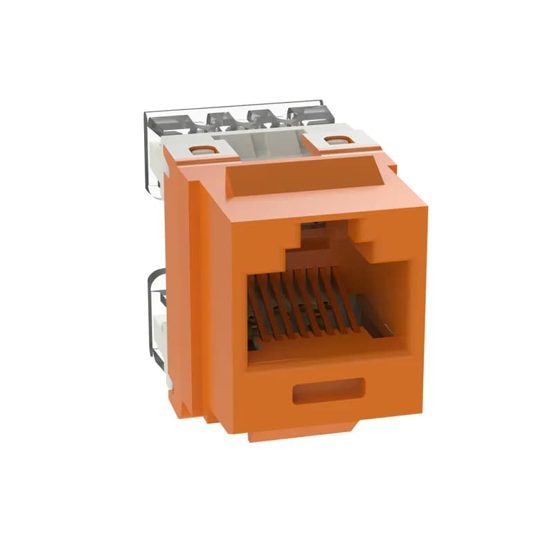 The NetKey Cat 5e UTP RJ45 Punchdown Keystone Jack Module is designed to terminate 4-pair, 22-26 AWG twisted pair cable. Each module is 100% factory tested to exceed industry standard performance requirements. Contacts are plated with 50 microinches of gold for superior performance. Jacks are individually serialized, and are compatible with keystone interfaces such as NetKey Faceplates, Modular Patch Panels, and Surface Mount Boxes. The module is orange and includes 25 per package.
