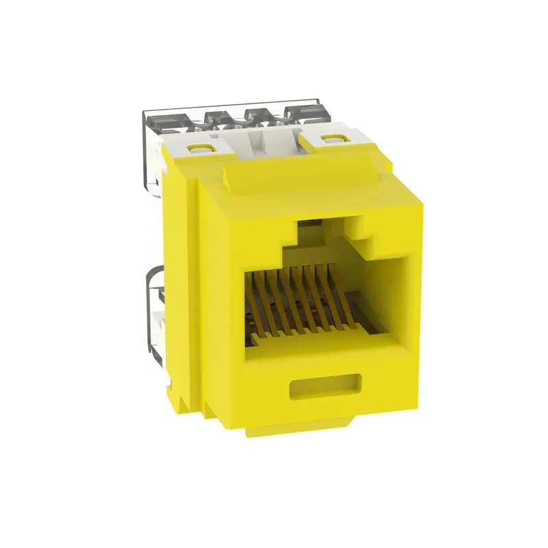 The NetKey Cat 5e UTP RJ45 Punchdown Keystone Jack Module is designed to terminate 4-pair, 22-26 AWG twisted pair cable. Each module is 100% factory tested to exceed industry standard performance requirements. Contacts are plated with 50 microinches of gold for superior performance. Jacks are individually serialized, and are compatible with keystone interfaces such as NetKey Faceplates, Modular Patch Panels, and Surface Mount Boxes. The module is yellow and includes 25 per package.