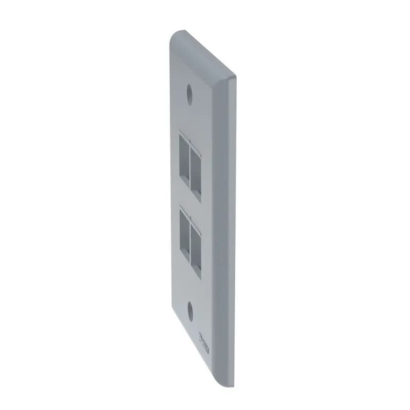 The NetKey Faceplate accepts four keystone modules. The faceplate is single gang and mounts to a NEMA standard single gang opening. The faceplate can be identified with an adhesive label, and is international gray.