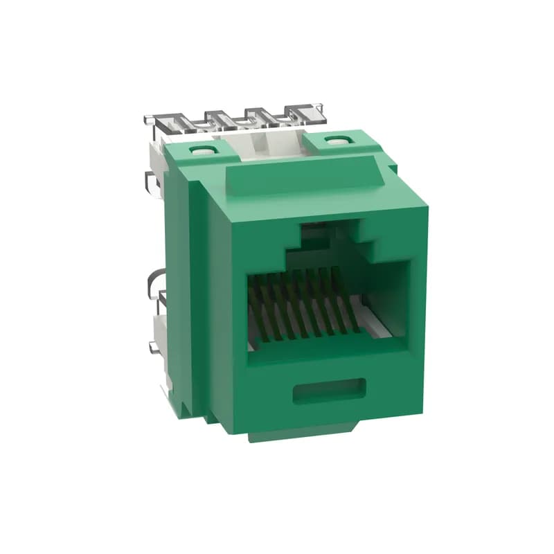 The NetKey Cat 6 UTP RJ45 Punchdown Keystone Jack Module is designed to terminate 4-pair, 22-26 AWG twisted pair cable. Each module is 100% factory tested to exceed industry standard performance requirements. Contacts are plated with 50 microinches of gold for superior performance. Jacks are individually serialized, and are compatible with keystone interfaces such as NetKey Faceplates, Modular Patch Panels, and Surface Mount Boxes. The module is green.