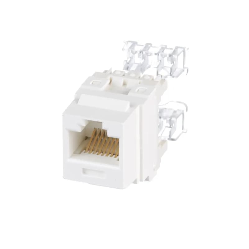 The NetKey Cat 6 UTP RJ45 Punchdown Keystone Jack Module is designed to terminate 4-pair, 22-26 AWG twisted pair cable. Each module is 100% factory tested to exceed industry standard performance requirements. Contacts are plated with 50 microinches of gold for superior performance. Jack modules are individually serialized for traceability and are compatible with keystone interfaces including NetKey Faceplates, Modular Patch Panels, and Surface Mount Boxes. This jack module is arctic white.