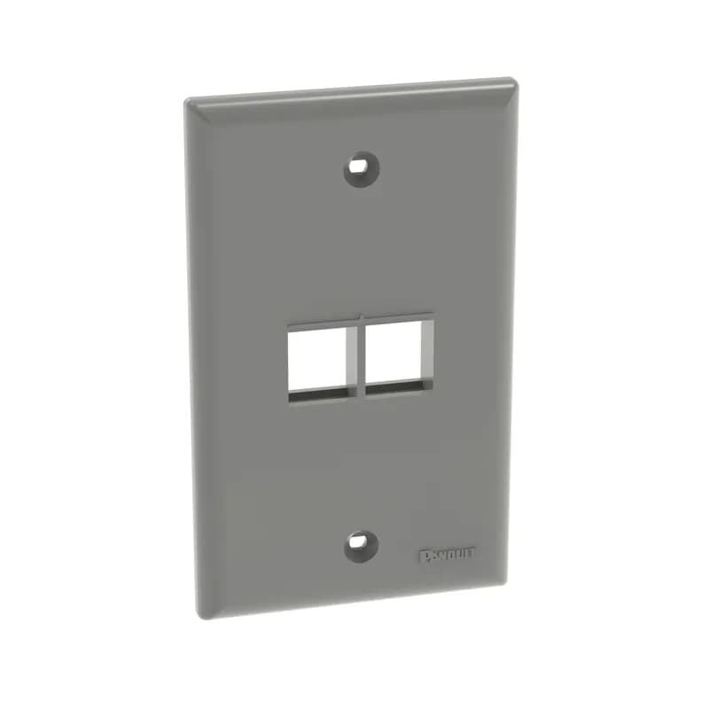 The NetKey Faceplate accepts two keystone modules. The faceplate is single gang and mounts to a NEMA standard single gang opening. The faceplate can be identified with an adhesive label, and is international gray.