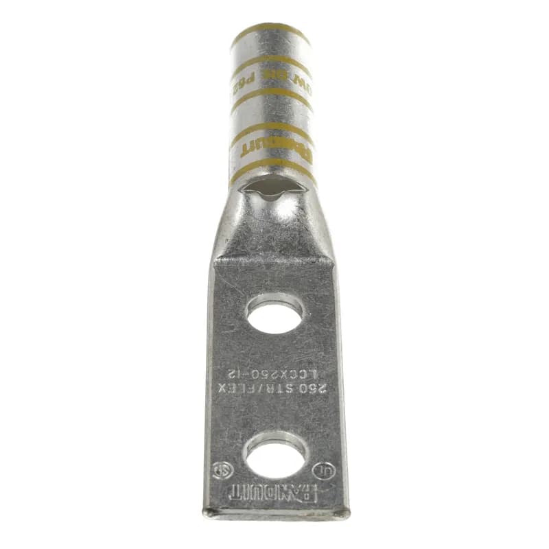 The LCCX250-12-X Tin-Plated Copper Compression Lug, two-hole, long barrel, has color-coded barrels marked with Panduit and specified competitor die index numbers for proper crimp die selection. The long barrel maximizes the number of crimps and provides premium wire pull-out strength and performance. The generously beveled wire entry prevents bent back strands when inserting the conductor into the barrel. UL Listed and CSA Certified.