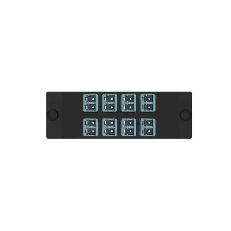 The Opticom LC fiber adapter panel is OM4 and is loaded with 8 LC duplex fiber optic adapters. The fiber optic adapters are Keyed H-Aqua and has zirconia split sleeves.