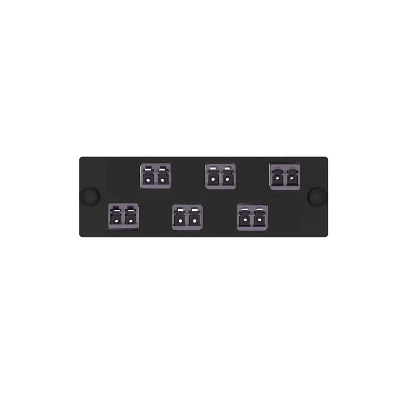 The Opticom LC fiber adapter panel is OM4 and is loaded with 6 LC duplex fiber optic adapters. The fiber optic adapters are Keyed G-Violet and has zirconia split sleeves.